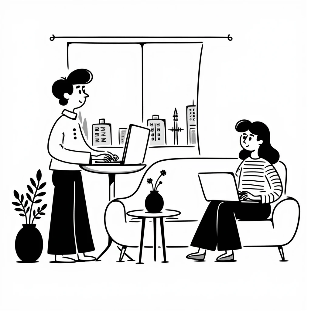 escenary 3d of a cozy mid-century living room with two people working on laptops, one man standing at a desk and one woman sitting on a couch emoji