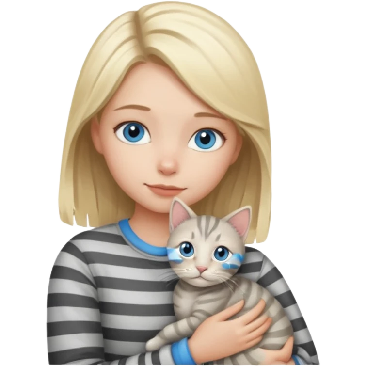 Blonde girl with blue eyes cuddling with light grey tabby cat with dark grey stripes emoji
