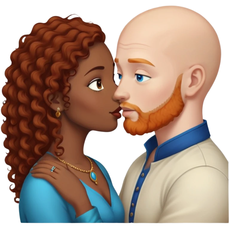 Bald white male with ginger beard and blue eyes kissing indian brown woman with black curly hair emoji