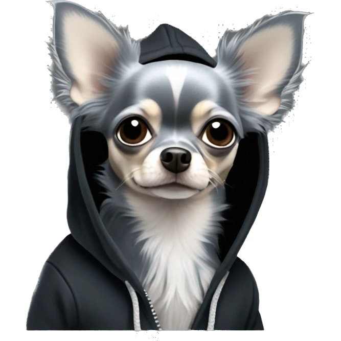 Realistic blue grey long hair chihuahua dog in a black hoody emoji