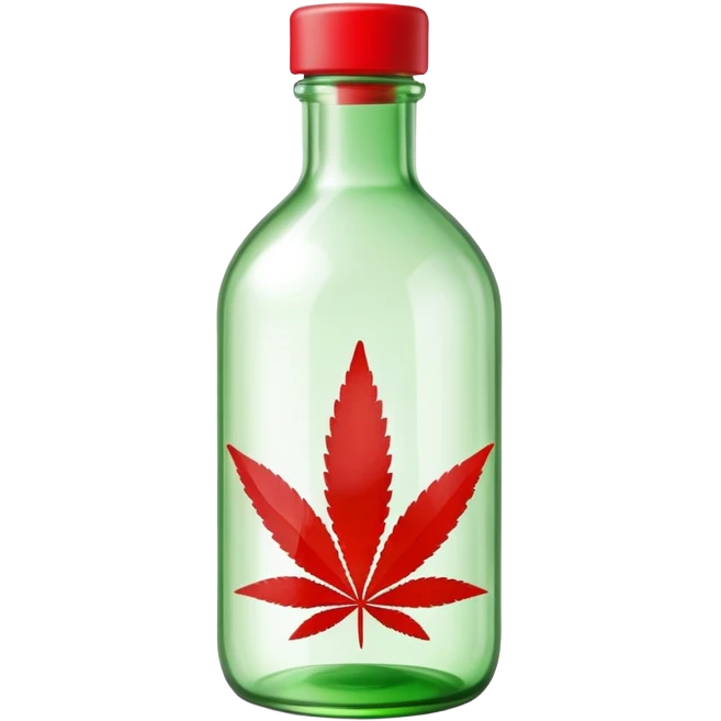 Curved glass bottle in red with a green cannabis leaf printed on it and clearly labeled "red pop" on the bottle emoji