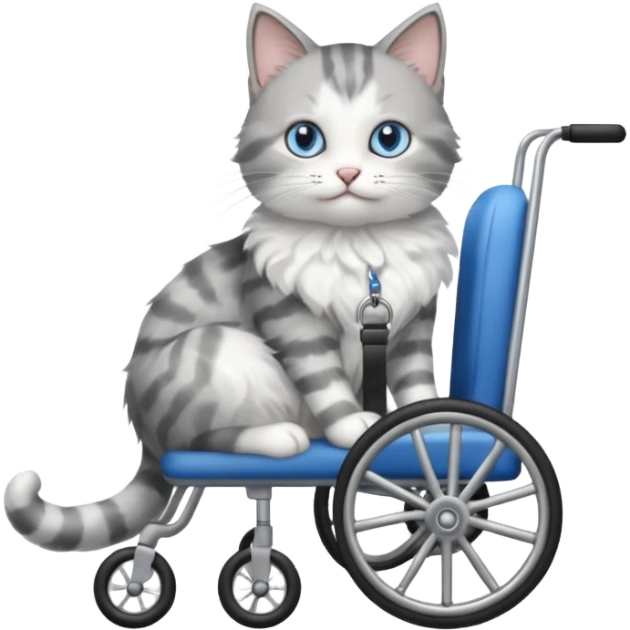 grey and white cat in a cat wheelchair emoji