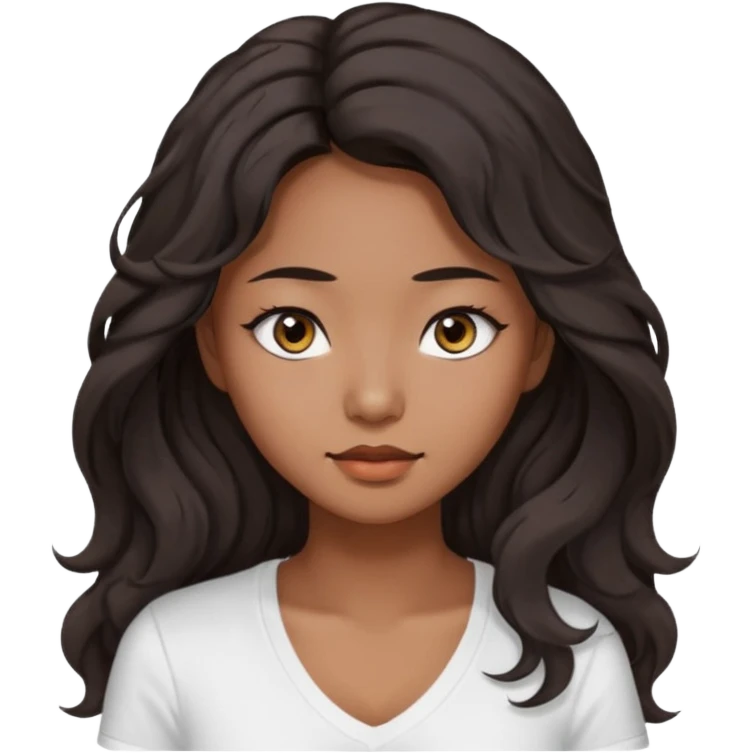 iOS style emoji. A girl with very long dark brown wavy hair. And the eyes color is dark brown. And she is wearing white t shirt with V kneck. And she is 30. She is Asian with double eyelids  emoji