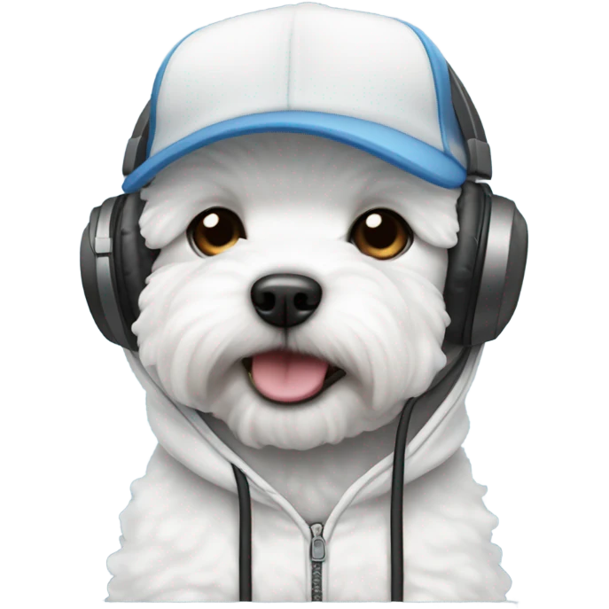 A Bichon wearing a baseball cap and headphones and a hoodie  emoji