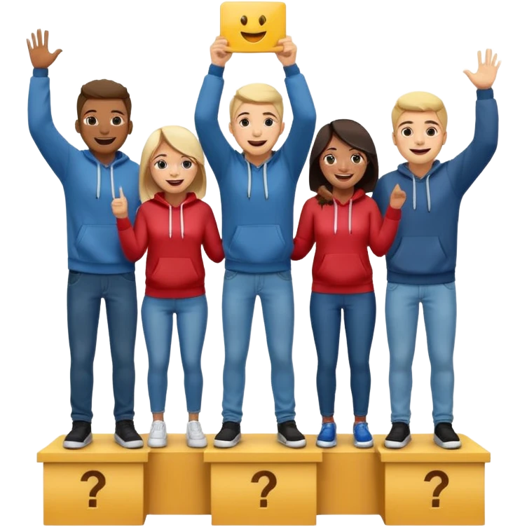 multi-racial men and women standing on a winners’ podium with the middle podium position elevated, each person casually dressed in fun clothing like jeans and hoodies, excited, fun emoji style emoji