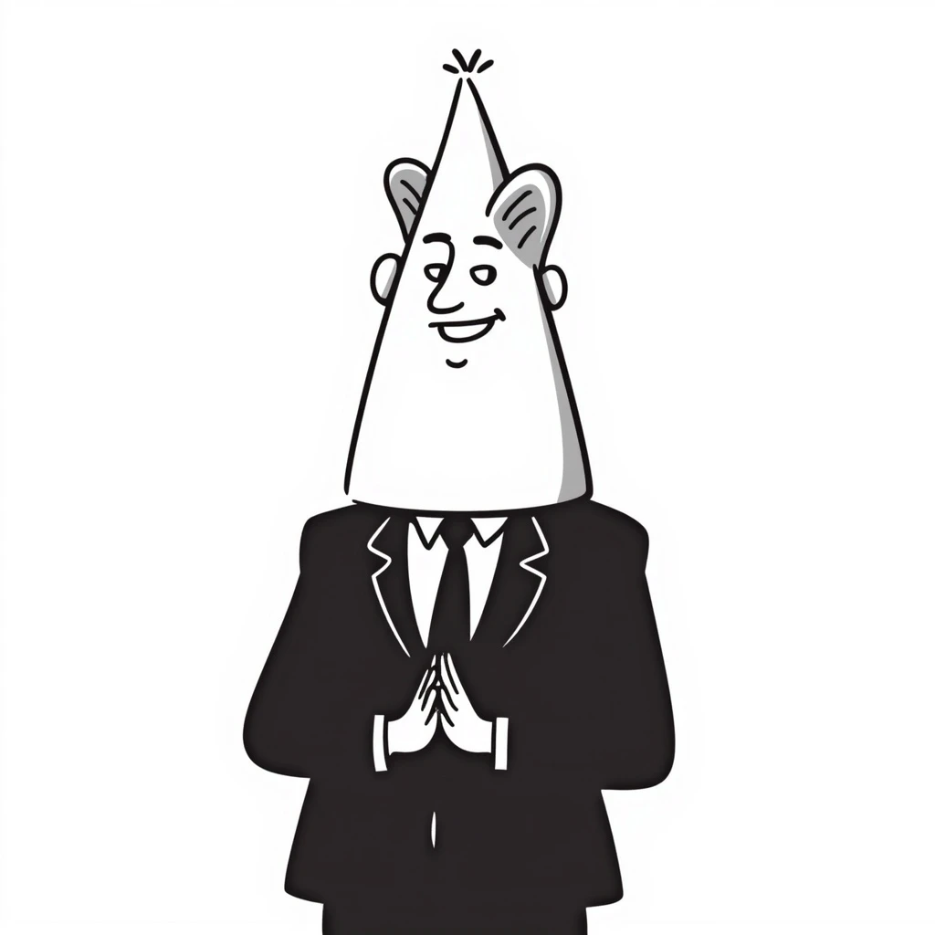 A Coneheads man, cone-shaped head, business attire, hand-drawn doodle style emoji