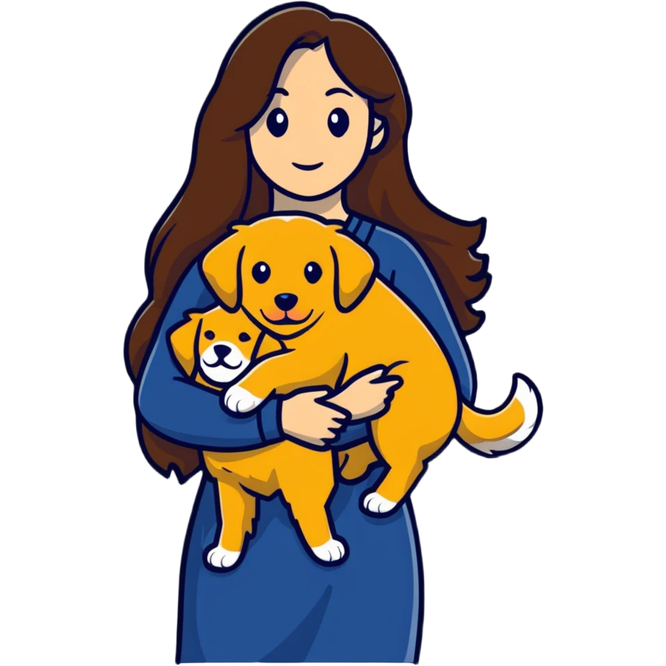 woman with long brown hair holding a golden retriever dog in her arms emoji
