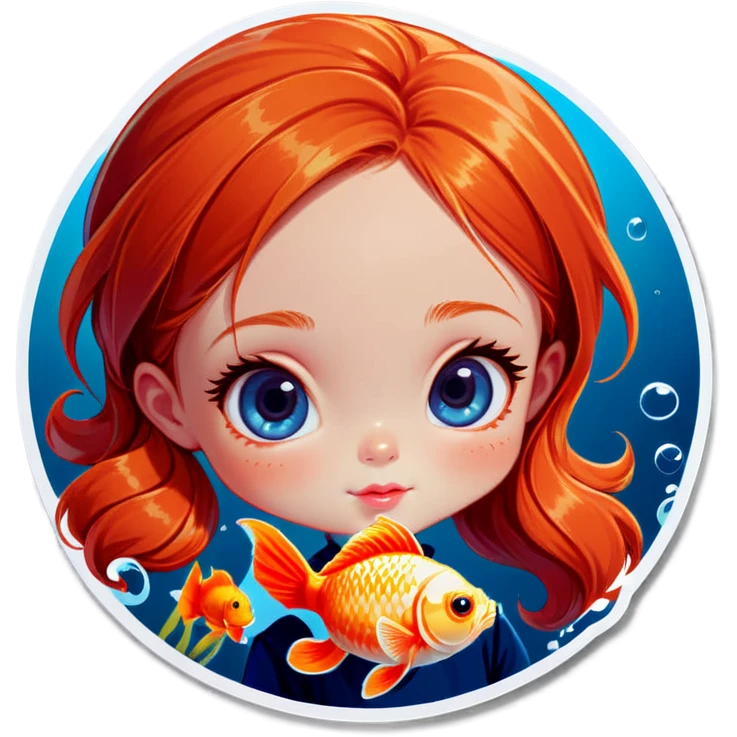 ginger girl with blue eyes next to a goldfish emoji