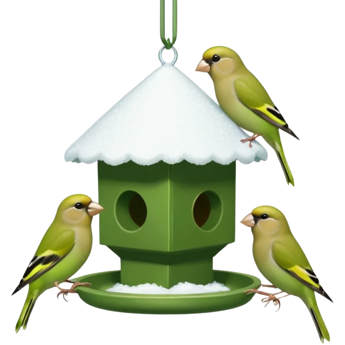  3 Green finch feeding on a bird feeder in the snow emoji