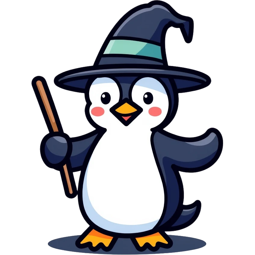 penguin wizard with magic wand and wizard hat emoji