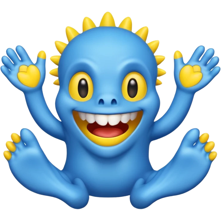 Make it be based off the horror game, poppy playtime.\n Make it have a head shape like a heart. Didn't make it tall, make it have sharp teeth, make its hands yellow, make it slipper, smiling and makes his feet yellow too.  And make it all blue emoji