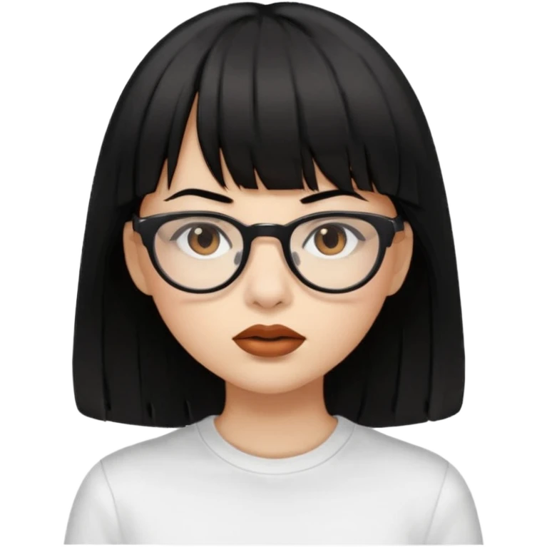 uma mulher snapchat icon, cor da pele normal, cabelo preto liso solto médio com franja, óculos pretos, piercing na boca e nariz, olhos castanhos, camisa branca emoji
