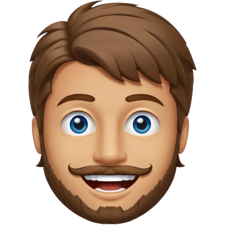 25 year old man, short scruffy beard and sparse moustache, brown puffy mullet, blue eyes, big smile, white teeth, big lips, pronounced jaw, hair longer in back, sticking up on top emoji