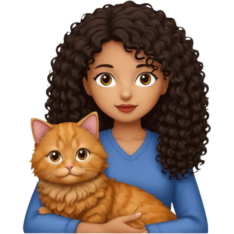 a brown/tan girl with black curly hair holding a ginger Persian cat with long fur emoji