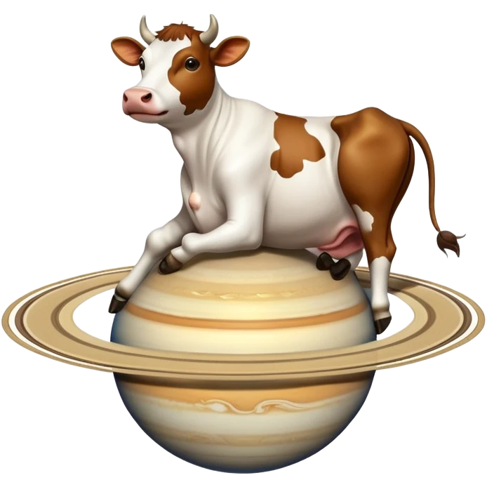 A cow with its head attached to planet Saturn as its body, with Saturn's rings around the middle, and giant realistic human feet at the bottom emoji