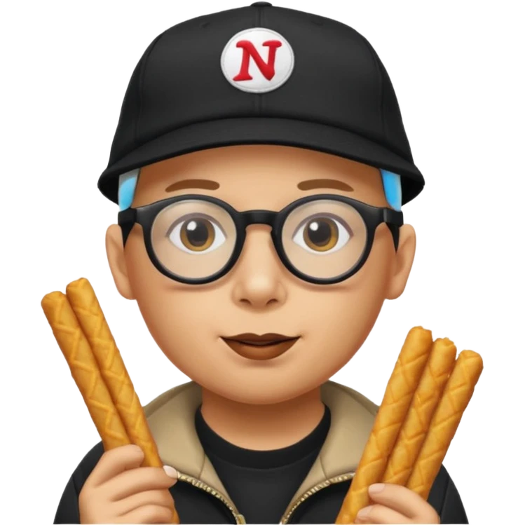 num num eatting hashbrown sticks with a plain black cap and glasses no hair add Rollin' 18 to hat emoji