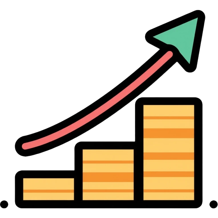 upward arrow next to increasing stacks of money bills and coins, financial growth emoji