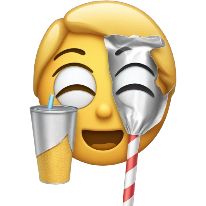 smiling emoji with eyes closed holding tin foil and a straw emoji