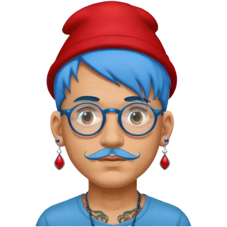 unique looking tourist with big unique red tourist felt hat and earrings, man with lots of tattoes and spectacles, blue hair showing emoji
