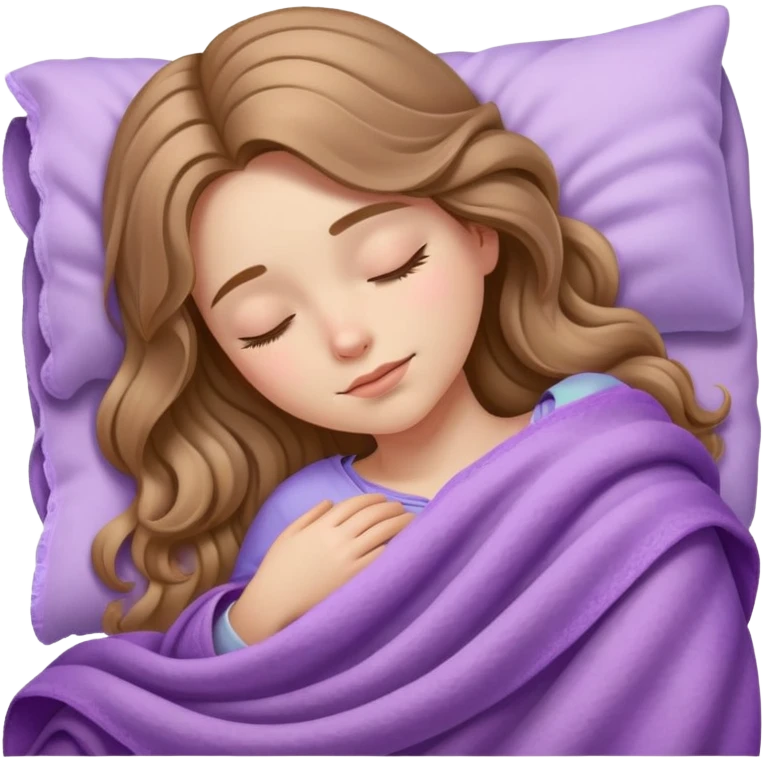 light brown long wavy hair girl sleeping on side with lilac blanket emoji