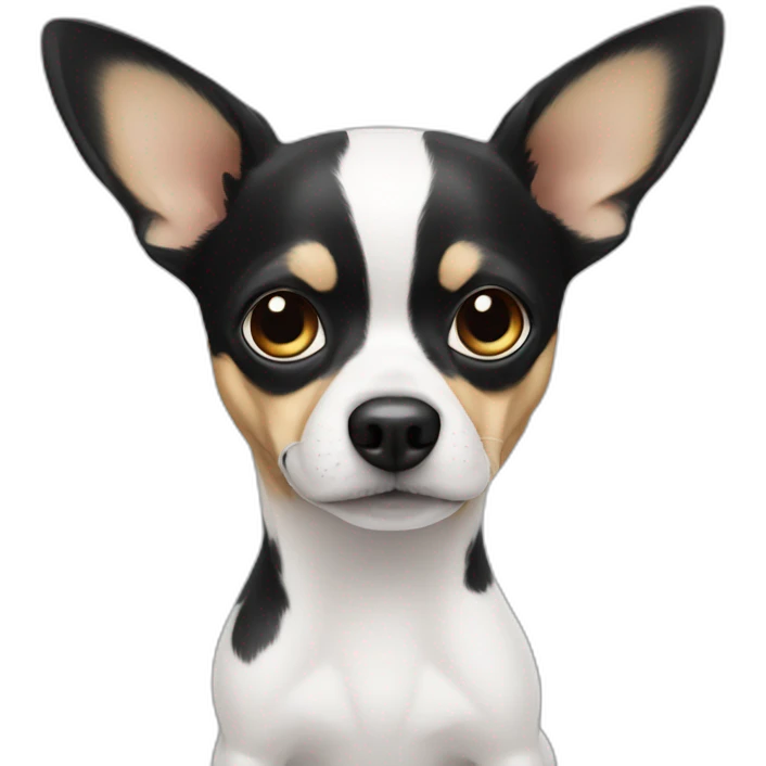 Dog staring at camera chihuahua white with black patch’s around eyes and black ears emoji