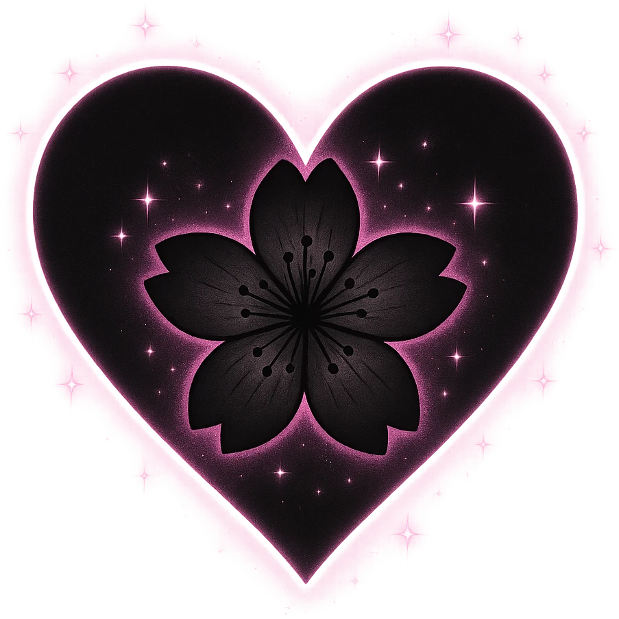 goth sakura black heart with glowing pink outline and magical sparkles, remove background emoji