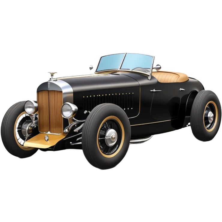 Batgirl’s black Bare bones (channeled cowl) drag racing and speed record modified (fenders removed) chopped streamlined sporty roadster that is a (stripped down) hot street rodded engine sports car 1932 Rolls Royce Woody futuristic  wide racing wheels emoji
