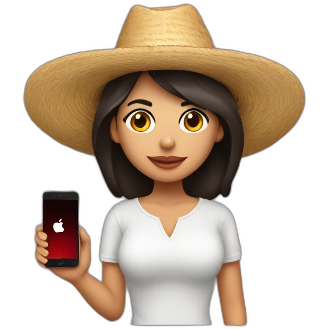 Mujer morena cabello largo con sombrero con iPhone en manos emoji