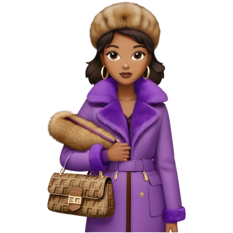 Beautiful black woman wearing a brown monogram Fendi jacket with a fur trim. She is carrying a purple Fendi baguette bag. I want the image to start at her head and end at the chest emoji