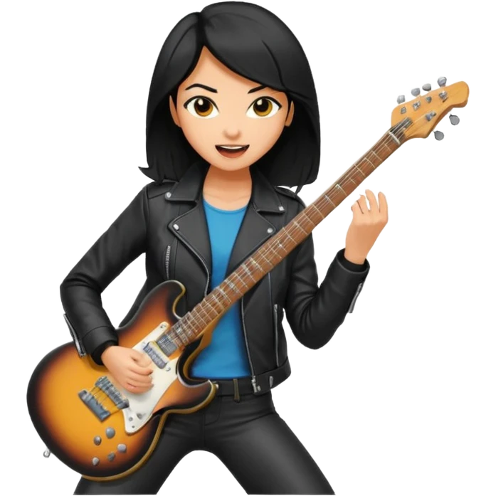 Young woman – standing on stage, leather jacket, playing electric guitar, energetic pose emoji