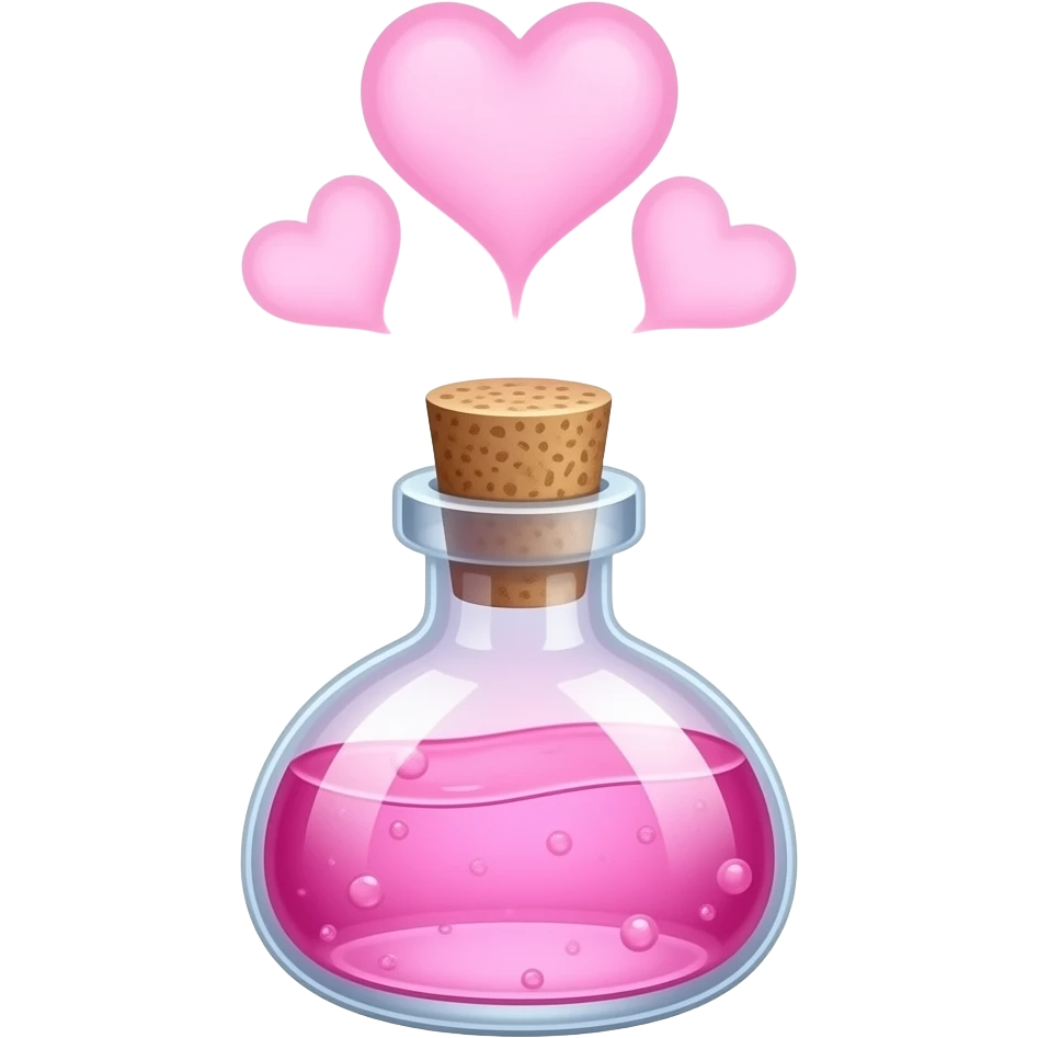 A glowing aphrodisiac potion bottle releasing soft pink, heart-shaped mist, no lid emoji