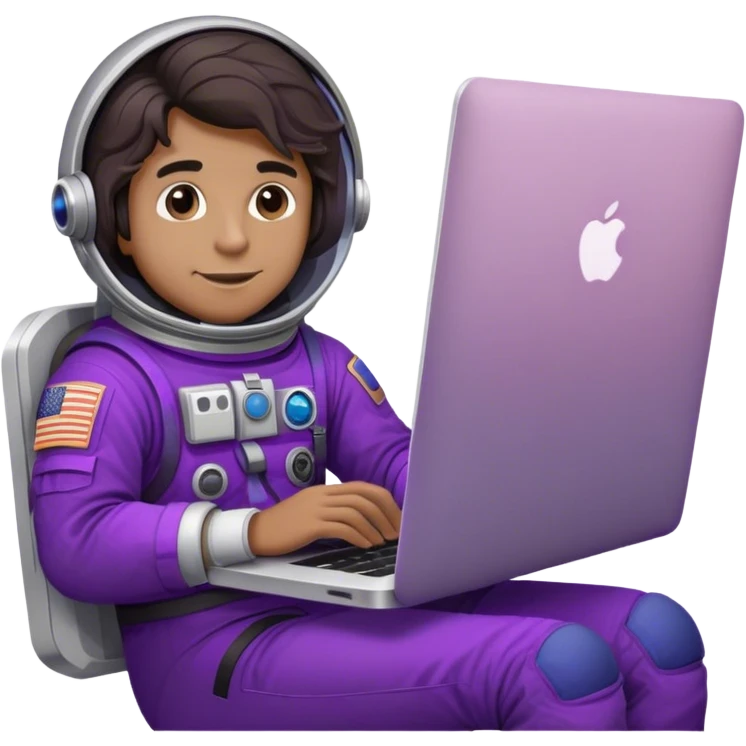 guy astronaut with purple suit, long ombre black/brown wavy hair and one macbook emoji