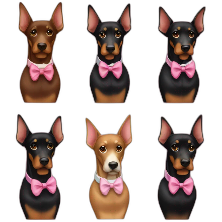 3-dobermans-including-a-white-one-with-a-pink-bow-tie-on-the-neck,-a-black-one-and-a-brown-one emoji