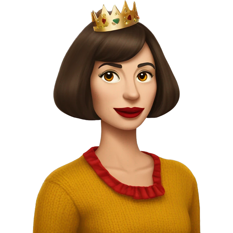  She has red lipstick with a closed mouth smirk holding a martini in one hand White English woman with very long dark brown hair and face framing layered bangs dressed in a mustard yellow sweater with birthday crown and negroni in hand emoji