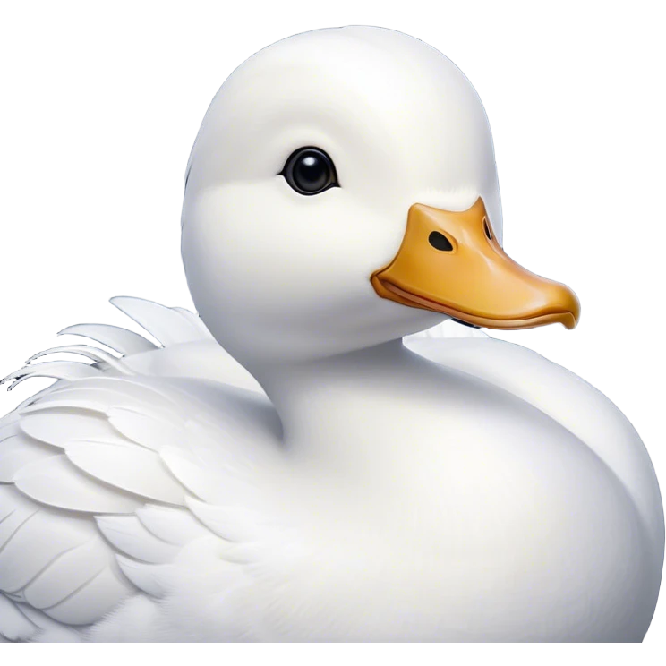 Cinematic Noble White Duck Portrait Emoji, Poised and regal, with a sleek, streamlined build and a pristine, well-groomed pure white plumage, deep-set soulful bright eyes, Simplified yet sharp and sophisticated features, highly detailed, glowing with a soft, dignified glow, high shine, intelligent and graceful, stylized with an air of aquatic elegance, focused and attentive, soft glowing outline, capturing the essence of a watchful and confident waterfowl, so majestic it feels as though it could glide out of the screen with effortless authority! emoji