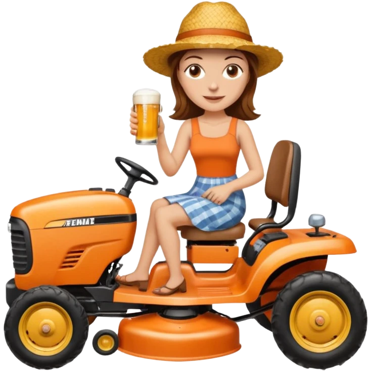 White woman with brown hair, without glasses wearing a straw hat, on old orange ride on lawn mower, holding a beer with one hand and holding the steering wheel with the other hand emoji