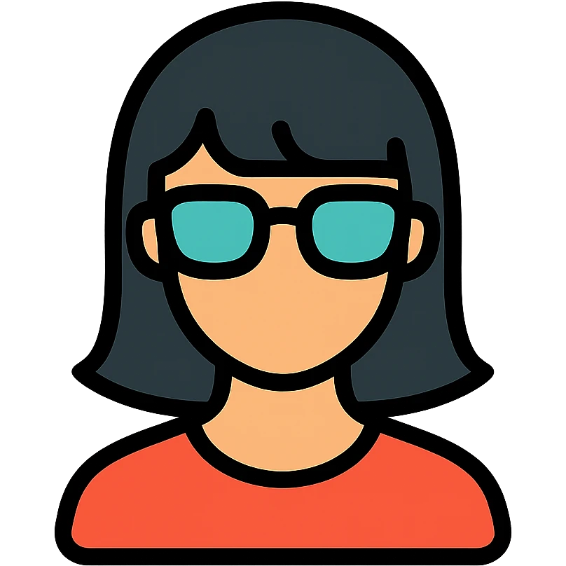 mujer con pelo negro, flequillo y gafas icono color outline emoji