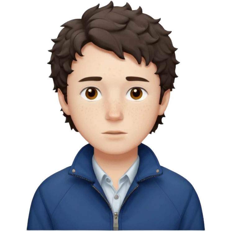 Owen Cooper in dark brown short and choppy fringe short slightly curly hair with brown eyes and pale skin, with obvious freckles on his cheeks, wearing deep blue jacket and white shirt emoji