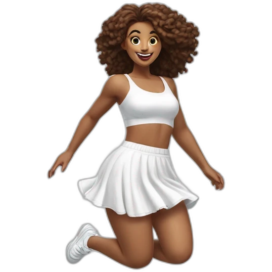 Hyperrealistic Full body Caucasian curvy beauty jumping short white skirt back and front views strong wind knickers long white socks emoji