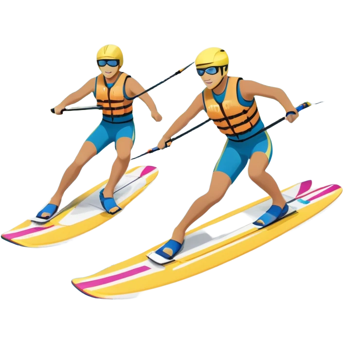 A humanless icon showing a pair of water skis skimming across the surface of a lake, with a skier in motion. The design includes a wake behind the skier, splashing water, and the sun reflecting on the water. Transparent background highlights the speed and thrill of water skiing. emoji