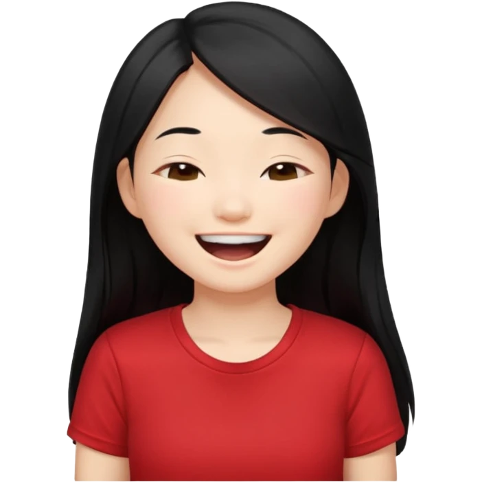 Cute asian girl with long hair and red t shirt who is laughing with eyes closed emoji