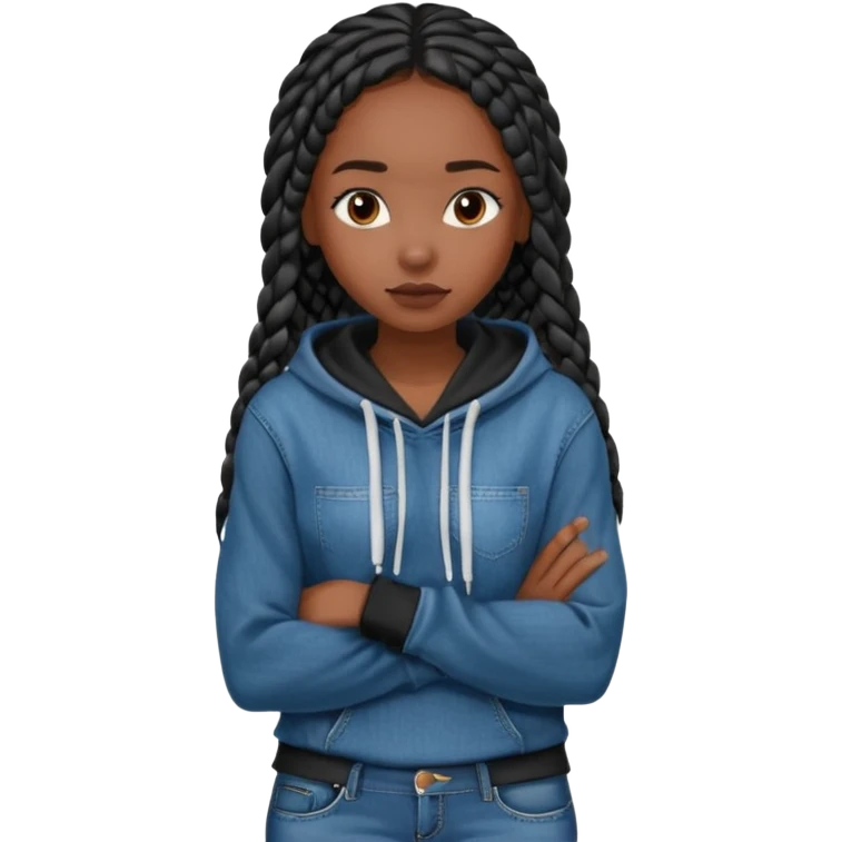 African American dark skin girl with long black box braids wearing plain black hoodie with denim skinny jeans with arms folded across chest emoji