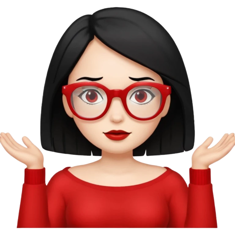 Topless shrug, black hair, red glasses emoji