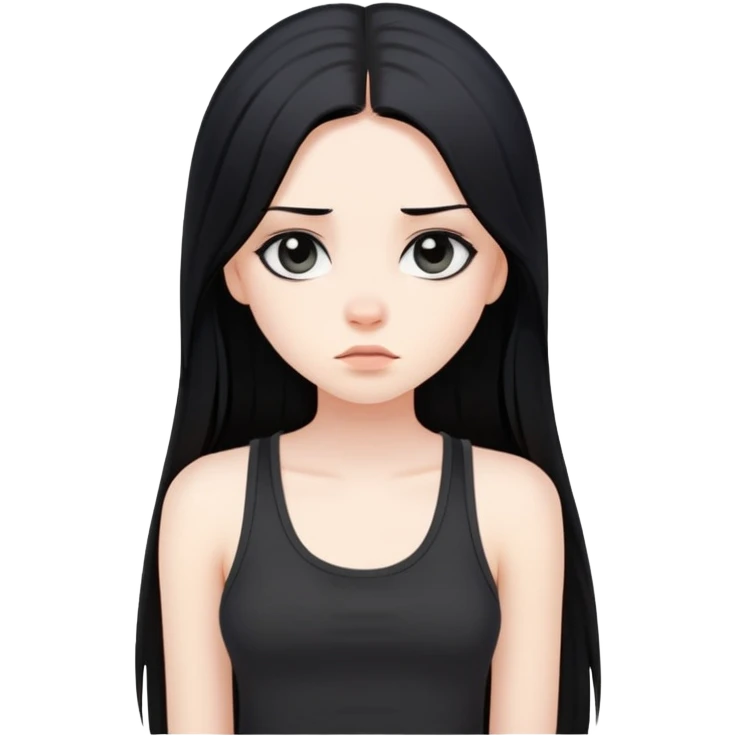 bored girl with long straight black hair, pale skin, dark eyes, black tank top emoji