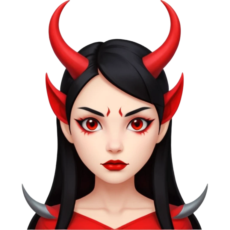 Head only demon girl, strong pronounced cheekbones, sharp angular jawline, skin fully pure red everywhere, long straight sleek black hair, small ho emoji