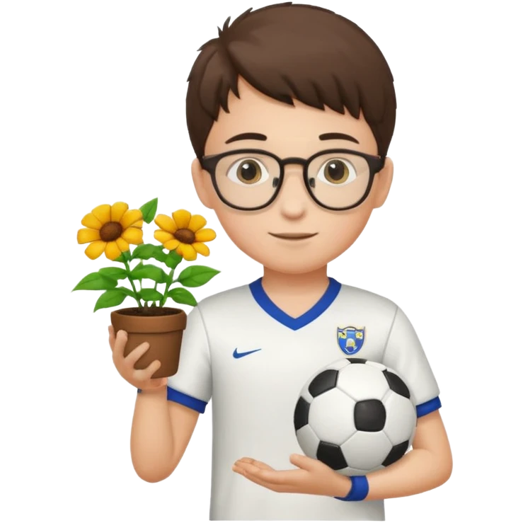 young boy wearing glasses, wearing soccer uniform, holding a flower pot emoji