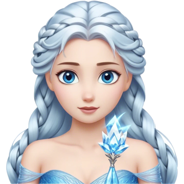 Cinematic Stunning Elsa Portrait Emoji, Ice-blue gown shimmering, platinum hair flowing in a graceful braid, piercing blue eyes glowing with icy magic, an aura of regal power and breathtaking beauty, frozen elegance at its finest! emoji