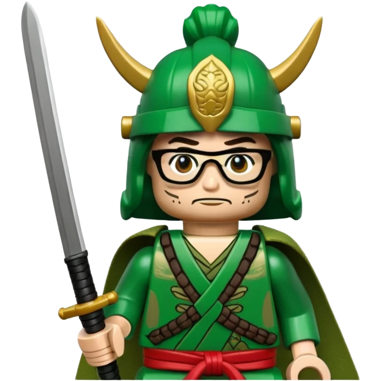 lego Samurai with glasses, Warrior in green samurai armor, with katana emoji