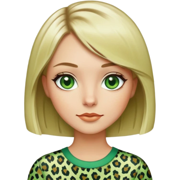 A blonde woman with green eyes and a bob haircut, wearing a green leopard print blouse emoji