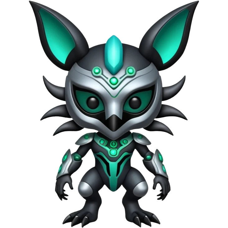 Silvery grey shiny alloy Cyber-Lombax-Fakémon-creature with dark black mask and shiny intricate green and turquoise circuitry markings (full body) emoji